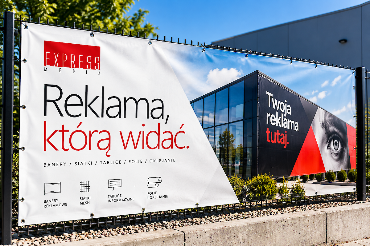 Baner reklamowy na ogrodzeniu przy drodze
